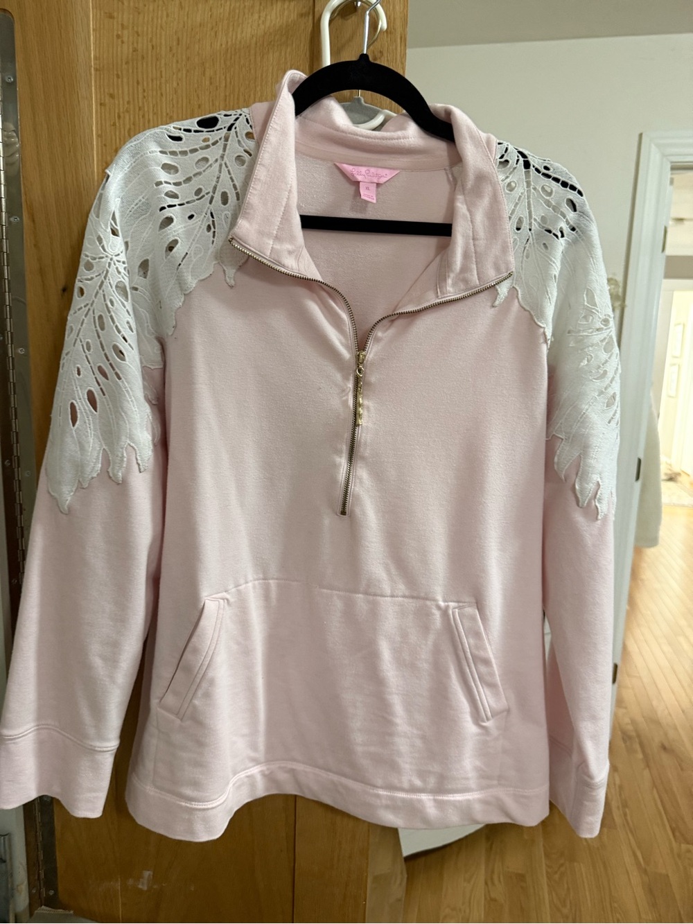 Lilly Pulitzer Pale Pink Pullover with White Lace Shoulders